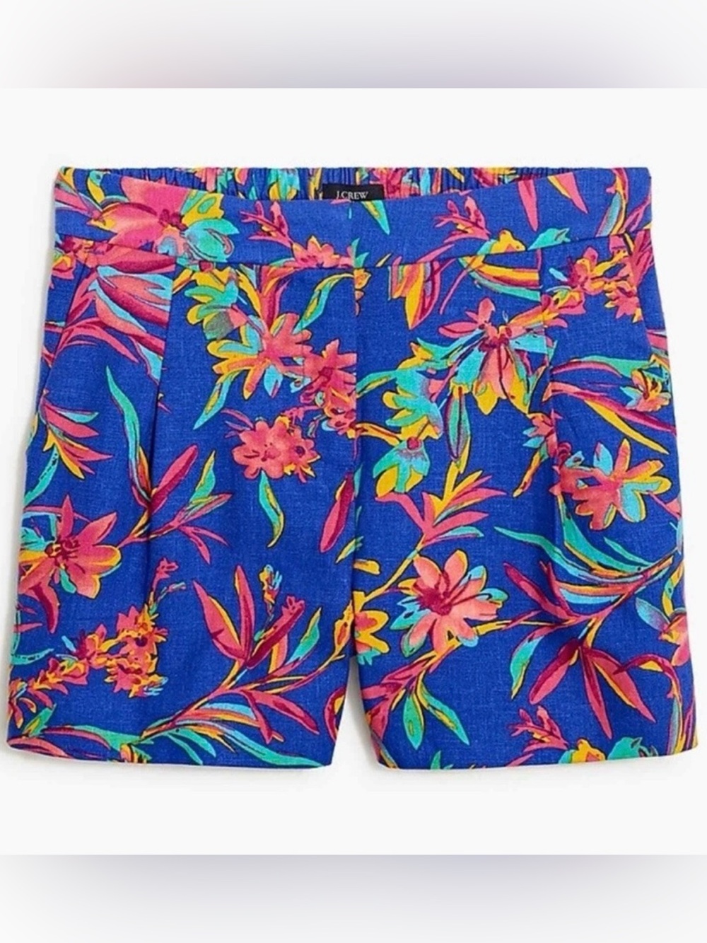 J. Crew Blue Painterly Bloom Linen-Blend High Waist Shorts